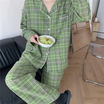 Pavasarī pāris sleepwear pleds pidžamas komplekts sievietēm ar garām piedurknēm vienu krūtīm, jakas bikses komplekti vīriešiem homewear drēbes 2gab L247
