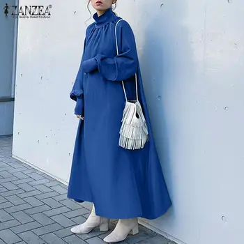 ZANZEA Vintage Sieviešu Pavasara augstu uzrullētu apkakli Ilgi Puff Piedurknēm Puse Kleita Ir 2021. Modes Sundress Plus Lieluma Cietā Maxi Ilgi Vestidos