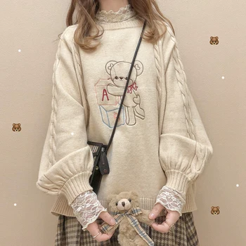Japāņu Cute Sedz Modelis Laternu Piedurknēm Džemperis Kawaii Mīksto Meitenes Zaudēt Vērpjot Trikotāžas Džemperis Sievietēm Gadījuma Mīksts, Silts Džemperis