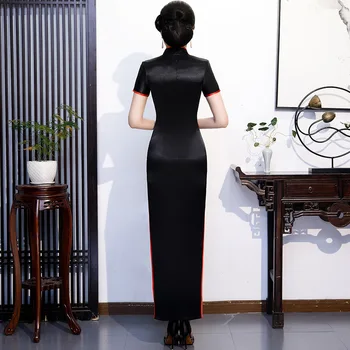 Elegants Sieviešu Frēzēšana Izšuvumi Īsām Piedurknēm Cheongsam Kleita Dāmas Vintage Ķīniešu Tradicionālās Satīna Qipao Lielajam 5XL