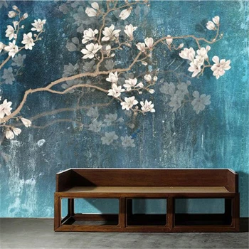 Wellyu papel de parede Custom tapetes Vintage roku apgleznoti magnolijas zieds sienas Ziemeļvalstu retro zils, elegants audekls behang