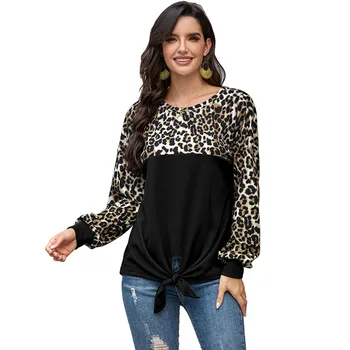 SEBOWEL 2020 Sievietēm Jaunā Modes Raibs garām Piedurknēm T-krekli Top Sieviete Pavasara Rudens Leopards Drukāt Mezgloti T-krekls S-XL