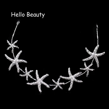 Sudraba Krāsa Crystal Star Tiara Hairband Rhinestone Kāzu Matu Aksesuāri Starfish Līgavas Galvas Gabals Sieviešu Galvassegu