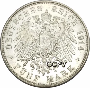 Vācijas Valstu Funf Zīmes Frieeich II Sudraba Kāzu 1901 1914 Pārklājumu Sudraba Monētu Kopijas