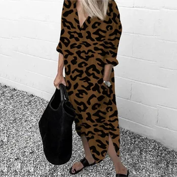 Femme Drēbes Vestidos Plus Lieluma garām Piedurknēm Leopards Drukāt Kleitas, Sieviešu Rudens Zaudēt Kabatas Plānas V-veida kakla Sadalīts Gadījuma Pludmales Kleita