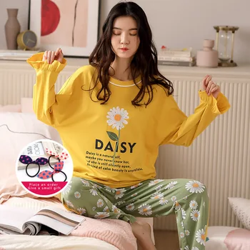 Liela Izmēra Pidžamas Komplekti Sieviešu Sleepwear Little Daisy Home Valkāt Loungewear Laides Ilgi Pijama Pidžamas, Kokvilnas Homewear M-3XL