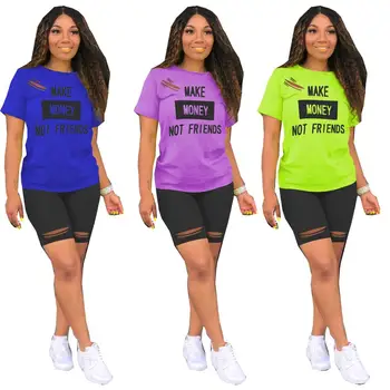 Vasaras ielas svētki apģērbu tracksuit sieviešu uzstādītu burtu drukas t-krekls top + caurums classic jogger šorti ikdienas 2 gabali
