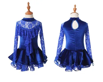 Bērniem meitene tumši zila latīņamerikas Deju Kleita Meitenēm Mežģīņu ziedu Top&Svārki Deju apģērbi Vestido De Baile Latino Bērnu Deju Tērpus