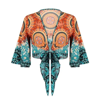 Sieviešu Etniskā Stila Topi Digitālās Drukas Pludmales Sauļošanās Apģērbu Taures Piedurknēm Krekls Brīvs tie Beachwear Sieviešu Blūze