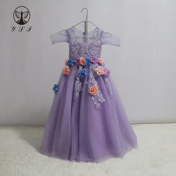 2017 Modes Purpura O Kakla Appliqued Fāzēm 3D Ziedi Īsām Piedurknēm Bumbu Kleita Grīdas Garums Maza Meitene Gājienā Kleitas