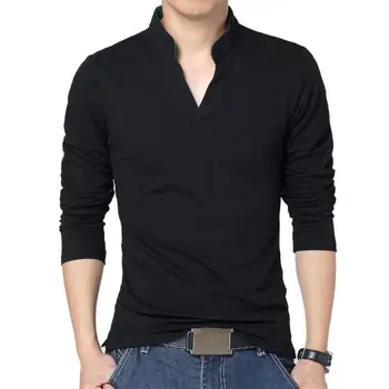 Tīrtoņa Krāsu Vīriešu Plus Izmēra 5xl Stand Apkakli, V Kakla garām Piedurknēm T-Krekls Slim Fit Top karstā