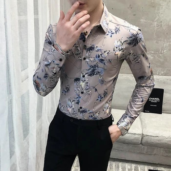 Britsh Stilu Vīriešu Ziedu Krekli Modes 2020. Gadam Garām Piedurknēm Smokings, Krekls Kleita Pieguļoša Nakts Klubs/Prom/Streetwear Ikdienas Krekls Vīriešiem
