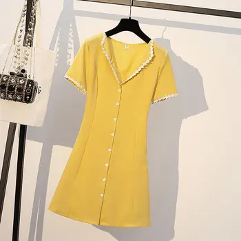 Kleita Sievietēm-line Plus Lieluma Poga, Cietā Moderns Visu maču V-veida Kakla Slim Īsām Piedurknēm korejiešu Stilā, Modes Sieviešu Dienas Streetwear