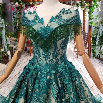AXJFU Luksusa princese zaļo mežģīņu ziedu asti līgava kleita vintage o kakla frēzēšana kristāla modes zaļā līgava kāzu kleitu 799