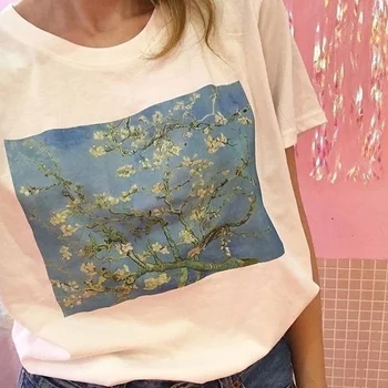 PUDO-JBH Sieviešu Tumblr Modes Grunge Estētisko Iespiesti Tee Van Goga Mandeļu Ziedu Eļļas Glezna T-Krekls Vintage Gudrs Balts