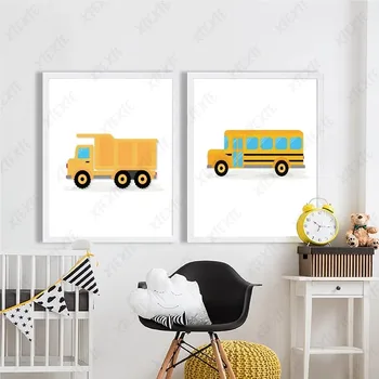 Karikatūra Bērna Rotaļu Auto Tapetes Mākslas Transporta Helikoptera Autobusu Plakātu, Audekls Māksliniece Baby Telpu Dekorēšana Attēlu Izdrukas