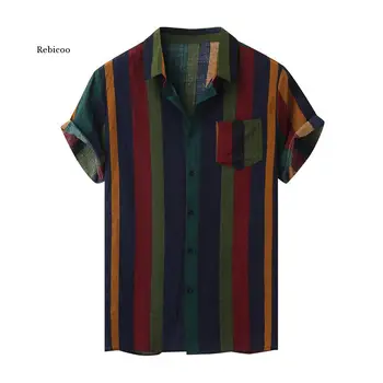 Vīriešu Krekls Blūze Multicolor Svītras Zaudēt Īsām Piedurknēm Gadījuma Pogām, Ar Kokvilnas Pludmales Krekls Vīriešiem Camisas Para Hombre Oversize