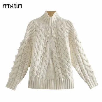 Ir 2021. Sieviešu Ziemas Vintage Biezs Silts Balts Džemperis Trikotāžas Džemperis Modes Augstas Kaklu Garām Piedurknēm, Sieviešu Džemperi Šiks Topi