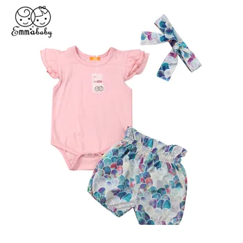 Baby Meitenes 3PCS Apģērbu Komplekts Jaundzimušajiem Meitene tīrtoņa Krāsu Ruffles Piedurknēm Bodysuit Šorti Galvas Vasaras Apģērbs no 0-24M