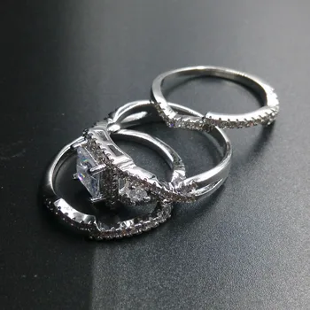 Vintage 925 Sterling Sudraba dimanta gredzeni Sievietēm, Luksusa Dizainu Kāzu Jubileju Gredzenu Pirksta set 3-in-1 rotaslietas dāvanu