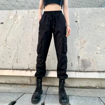 Jauns Vairākas Kabatas Kravas Bikses Sieviešu Ikdienas Streetwear Punk Black Kravas Bikses Sieviešu Modes Augsta Vidukļa Hip Hop Joggers Bikses