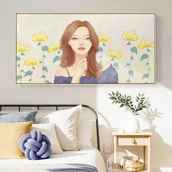 Modes Meitene Ziedi Krāsošana Sienas Māksla Attēls Plakātu Drukas Dzīvojamā Istaba Guļamistaba Dekoratīvu Attēlu Ziemeļvalstu Akvarelis Gleznas