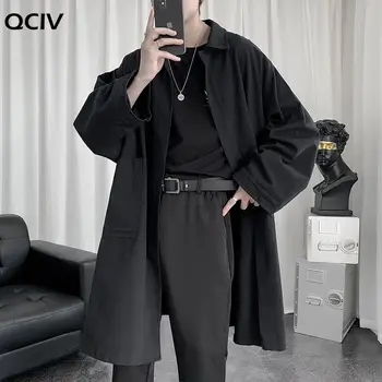 Rudens korejiešu Stilā Vējjaka Vīriešu Modes vienkrāsainu Gadījuma Cardigan Jaka Vīriešiem Streetwear Zaudēt Garš Mētelis Mens Tranšejas