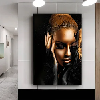 Melnā Zelta Āfrikas Sieviete Eļļas Gleznas uz Audekla Pliks Sienas, Mākslas Plakāti un Izdrukas Skandināvijas Cuadros, lai Dzīvojamā Istaba Dekori