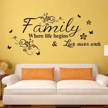 Ģimenes, Kur Dzīve Sākas Mīlestība Nekad nebeidzas quote mājas dekoru, sienas uzlīmes/kāzu Flora Tauriņš apdare, romantiskā māksla