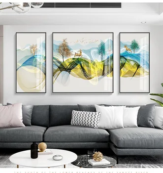 Mūsdienu Anotācija colorfui kalniem un zelta brieži darbojas virsotni ķīnas ainavu Kanvas Glezna uz lieveņa Dzīvojamā istaba