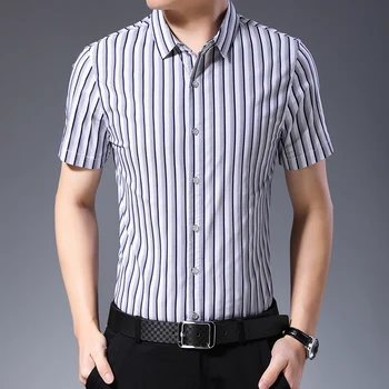 Cilvēks Biroja Tīras Kokvilnas Krekls Vasaras Modes Svītrains Kokvilnas Apģērbs Ar Īsām Piedurknēm Kokvilna Svītraina Kleita Krekls