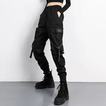 Sieviešu Modes Streetwear Kravas Bikses Melnā Potītes Garums Elastīgs Viduklis Joggers Sieviešu Brīvs Bikses Gadījuma Sieviešu Harēma Bikses