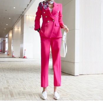 Jaunu karstā sieviešu sieviešu rozā divrindu uzvalks divdaļīgs kostīms (jaka + bikses) sieviešu uzņēmējdarbības oficiāls biroja uzvalkā