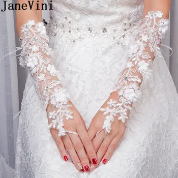 JaneVini Romantiska Baltā Līgavas Mežģīnes Aplique Ilgi Fingerless Gredzenu Fāzēm Kāzu Cimdu Ziedi, Līgava, Cimdi Kāzām 2018
