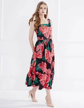 Augstākās Kvalitātes Jaunu Siksnu Kleita 2020. Gada Vasarā Plus Izmēra Apģērbu Sievietēm Sarkanu Ziedu Drukāt bez Piedurknēm Vidum Teļš Garums Pludmales Kleita 5XL 6XL