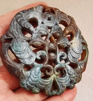 Liela 70mm Vecs Skuķis Seno Roku Cirsts Kārtas Antīko aqua blue Dragon Phoenix Labklājības Cirsts Jade Disku Kulons 1gb