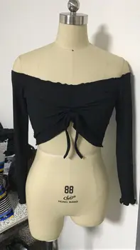 Sexy Sievietes Pie Pleca T-krekli Ilgtermiņa piedurknēm Bowknot Crop Topi, T-krekls Sievietēm Tshirts Trikotāžas t-veida Adīšanas Apgriezts Rudenī 2020