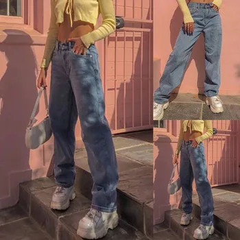 Harajuku Gaiši Zils Taisni Džinsi ar Augstu Vidukli, Zaudēt Bikses Sieviešu ir 2021. Jaunā Pavasara E-Meitene Vintage Modes Slim Džinsa Streetwear