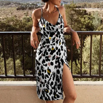 Pārsējs Kleita Sievietēm Leopards Drukāt Strappy Bez Piedurknēm, V Veida Kakla Augstu Šķēlumu Sexy Kleitas Vasaras Brīvdienu Puse Kleita Vestidos Drēbes