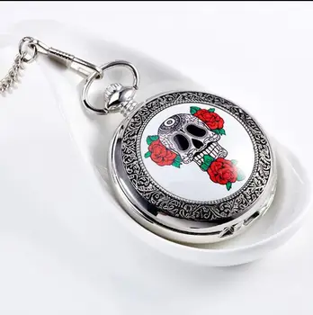 Karstā Pārdošanas Bezmaksas Piegāde Retro sudraba Galvaskausa Galvas & Rose Kabatas pulkstenis Ar FOB Ķēdes Labākā Dāvana