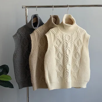 Augstu uzrullētu apkakli cietā vintage džemperis topi pavasara gadījuma sieviešu trikotāžas veste bez piedurknēm twist
