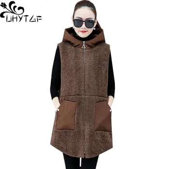 UHYTGF Apakškrekli sieviešu lambswool siltu ziemā vest veste sieviešu tīrtoņa krāsu savvaļas bez Piedurknēm, kapuci plus lieluma vestes jakas 610