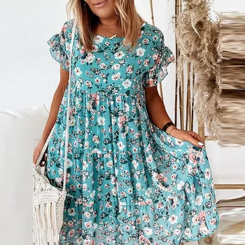 Ir 2021. Pavasara Vasaras Elegants O-Veida Kakla Puse Kleita Sieviešu Modes Ziedu Drukāt-Line Kleitas Dāmas Ikdienas Īsās Piedurknes Mini Kleitas