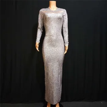 S15 Dziedātāja pilna dimantu vakarā gara kleita rhinestone viens gabals svārki stiept sieviešu kristāla apģērbs bārs valkāt kleita ar garām piedurknēm
