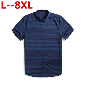Vīriešu Plus 8XL 7XL 4XL Īsām Piedurknēm Zilā Oxford Kleita Krekls Kokvilnas Vīriešu Ikdienas Svītrainām Pogu uz Leju Krekli 5XL 6XL Lielo izmēru