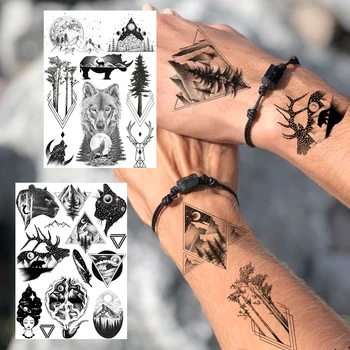 Visuma Melnās Ūdensnecaurlaidīgus Pagaidu Tetovējumiem Zēniem Vīriešiem Vilks Viltus Trīsstūris Tetovējums Kalnu Koku Ķermeņa Rokās Elk Reāli Loksnes