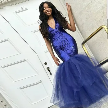 Ilgi Balles Kleitas 2020. Gadam Elegantu V-kakla Sequined Augšu Āfrikas Melnā Meitene Royal Blue Mermaid Balles Kleita