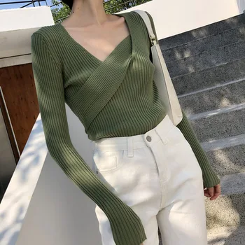 Izveidoju Pavedienu Korejiešu Stilā, Krusta Gadījuma Šiks Džemperis Sieviešu Džemperis Rudens Ziemas High Street Asimetrisks Slim Džemperis Sieviete Top