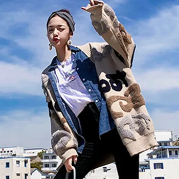 Rudens Ziemas Gadījuma Lielajam Vēstuli Izdrukāt Jaka Džemperis Korejas Sieviešu Modes Biezs Silts Adīts Mētelis Outwear Balck Trikotāža