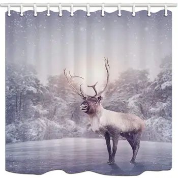 Ziemassvētku Dušas Aizkari,Ziemeļbriežu Sniegā Egles Fona Dizains Aizkaru Poliesters Ūdensnecaurlaidīga Auduma ar 12 Rūsas Pierādījums